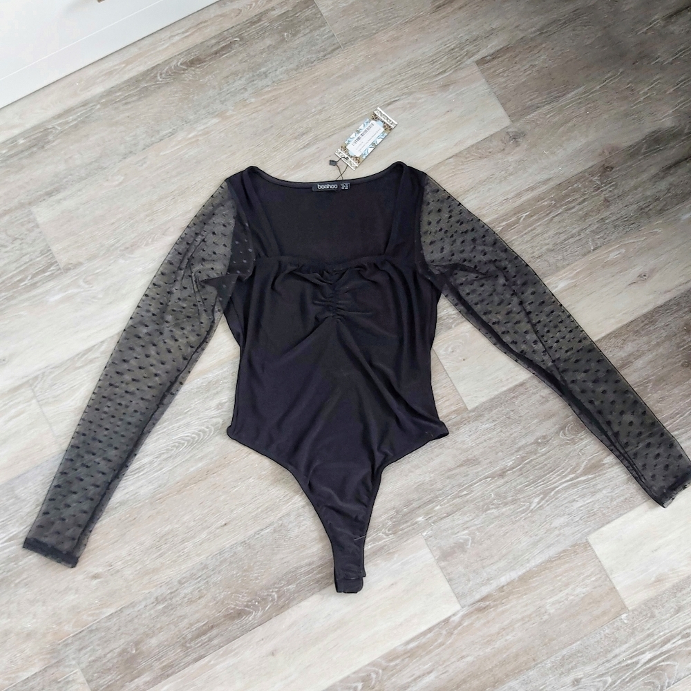 Black mesh-sleeve bodysuit